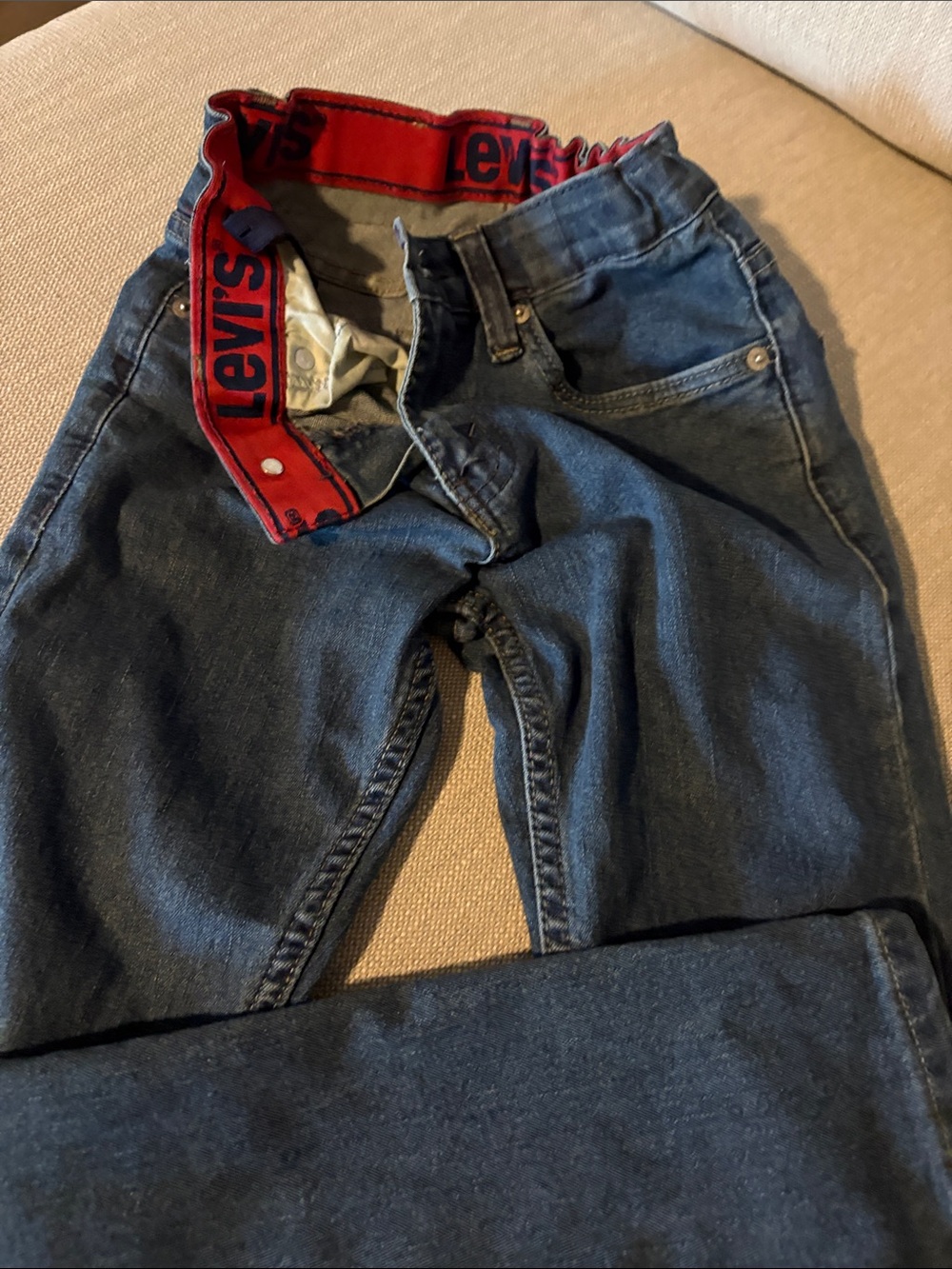 Levi's Slim Straight Dark Blue Jeans with Red Waistband Accent